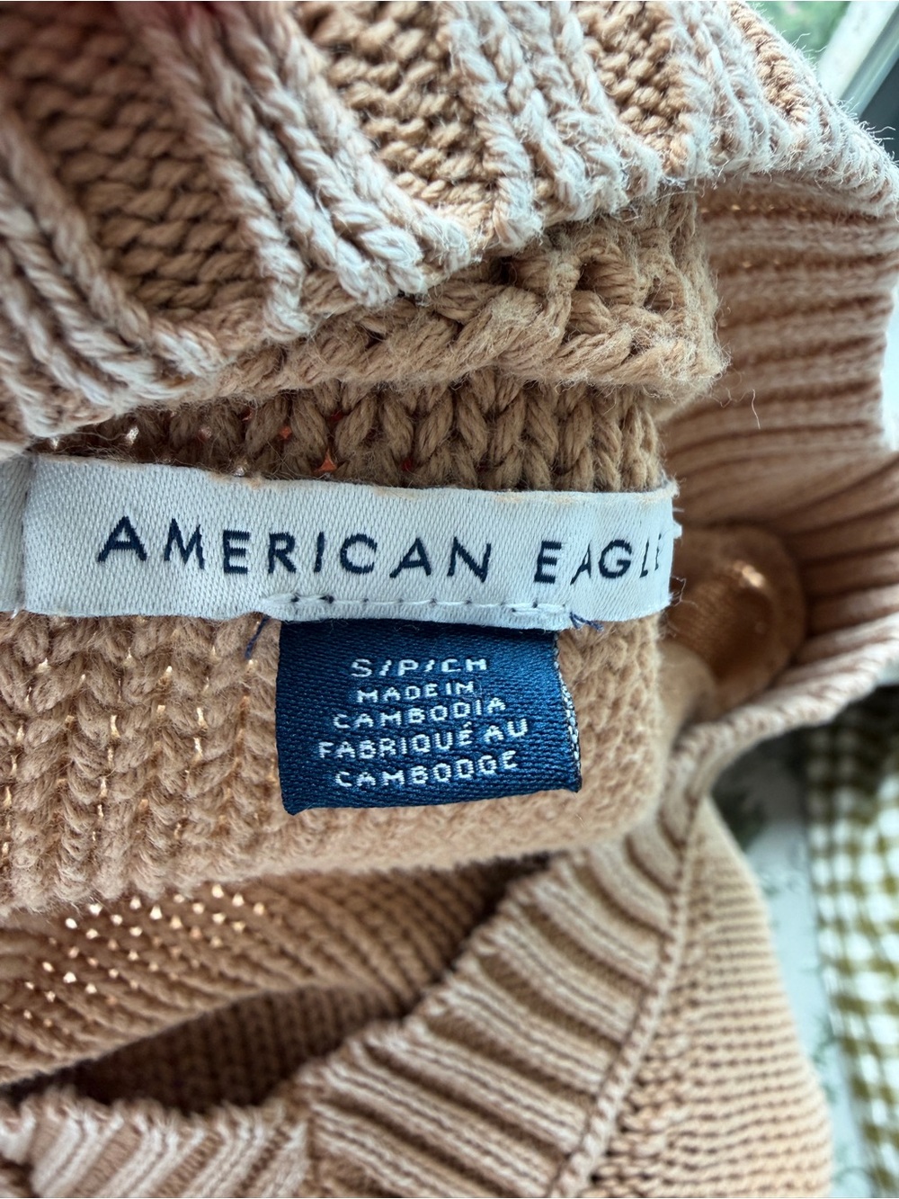 American Eagle 100% cotton camel v-neck oversized knit sweater | size small - Picture 9 of 11
